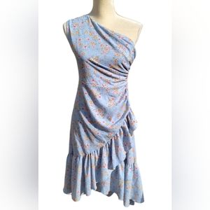 Indochine International Cold Shoulder Baby Blue Floral Print Tiered Dress